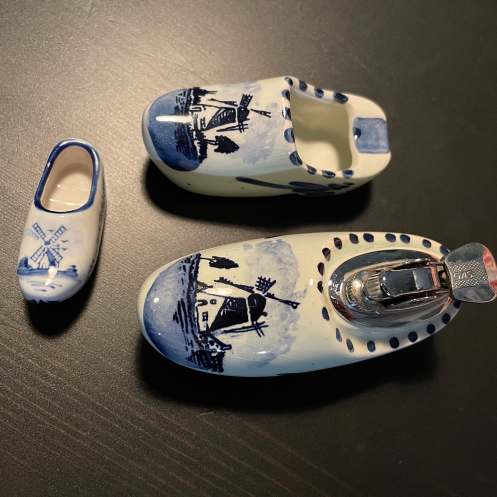 vintage porcelain dutch clog - delft holland - and crystal ashtray